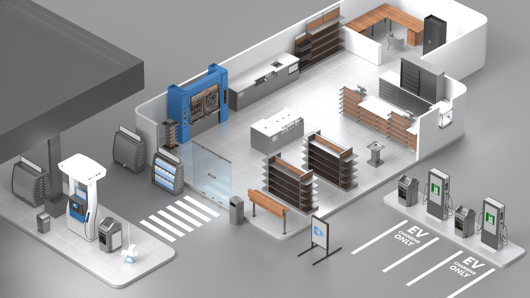 Illustrated retail and forecourt environment showing store fixtures, service areas, utility equipment and EV charging bays.